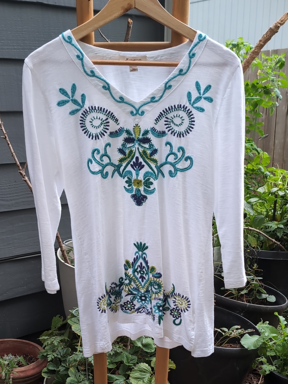 Vintage 100% Cotton JM Collection White Tunic with Teal, Navy & Lime Embroidery